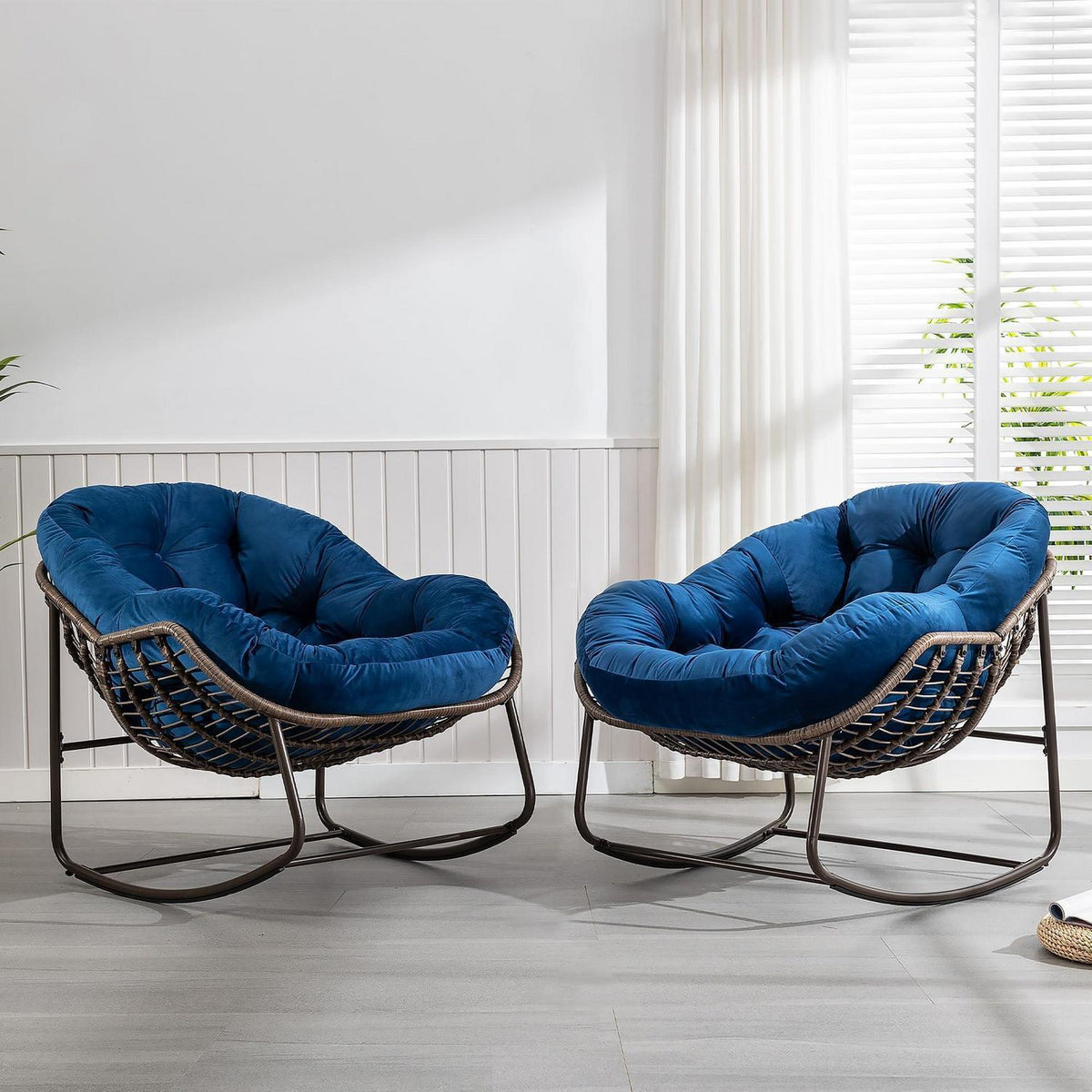 2x Schaukelstuhl Set – Bequemer Papasan Sessel Marineblau