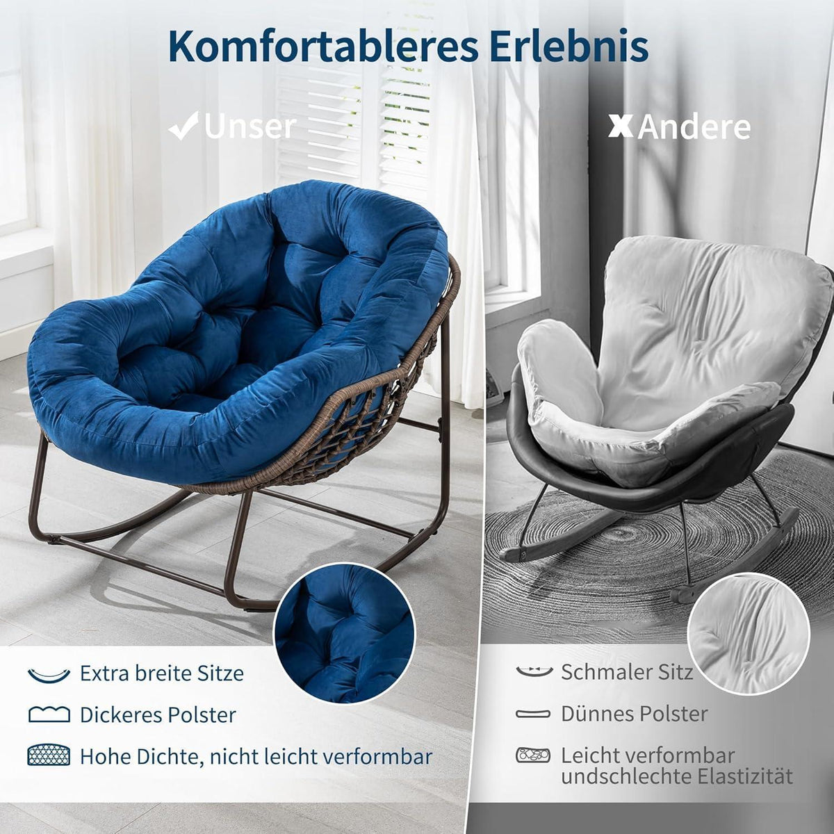 Überdimensionaler Papasan Schaukelstuhl mit Samtkissen