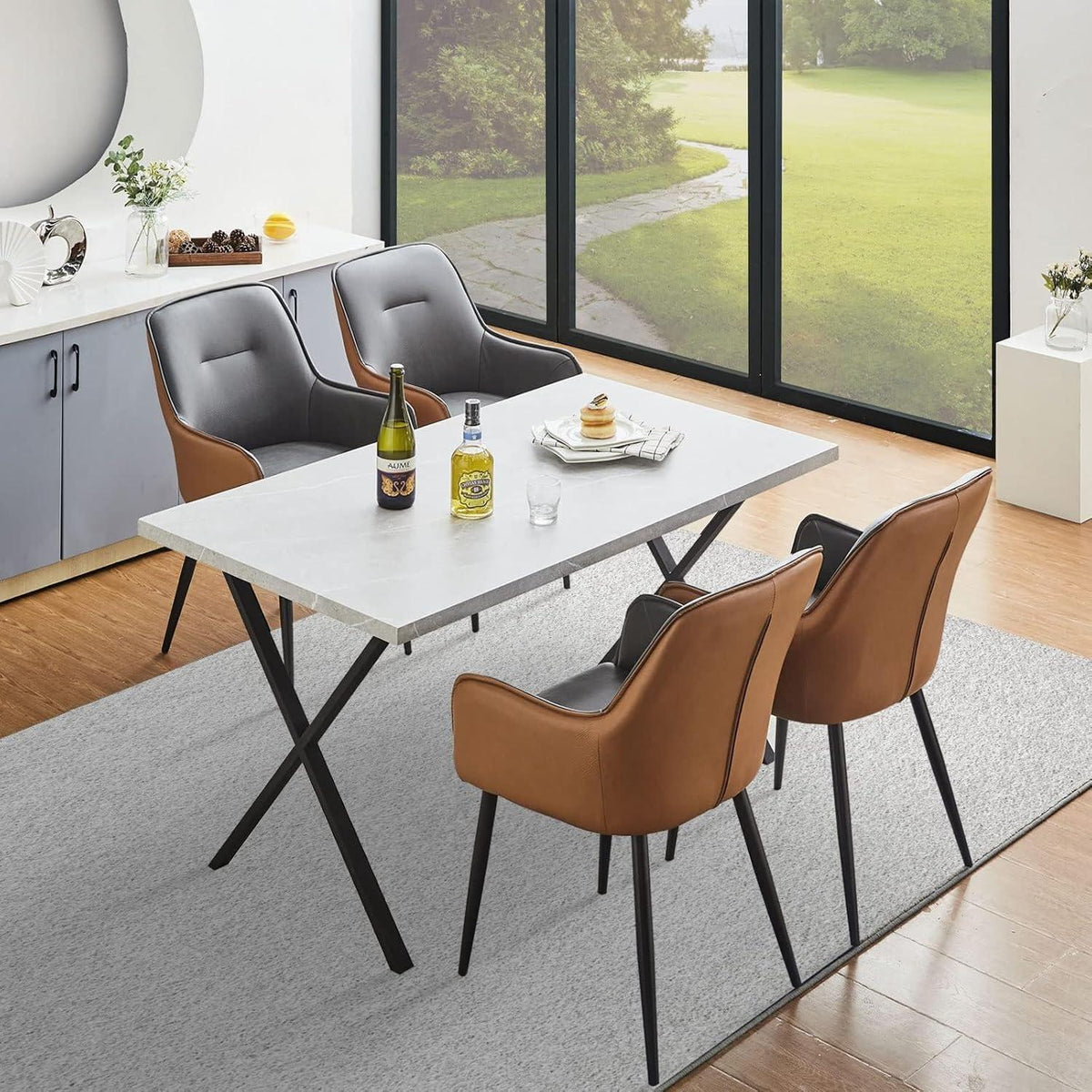 Esszimmerstühle 6er Set mit Armlehne Grau-Braun in Lederoptik