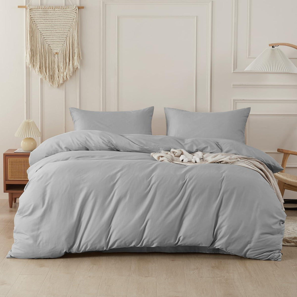 Baumwoll Bettwäsche Set 200x200 Grau | 3-teilig