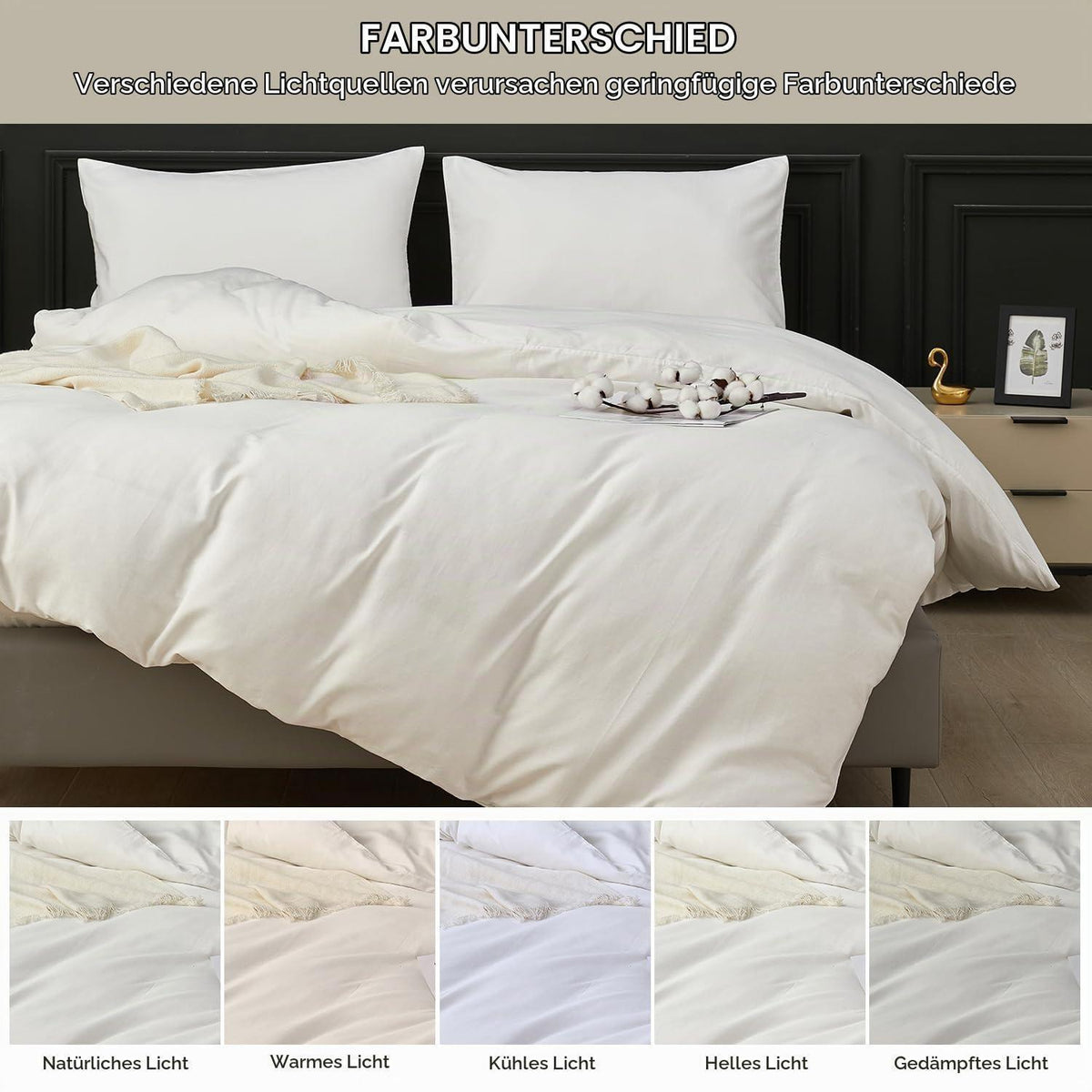 Weiche Baumwoll Bettwäsche Set 200x200 cm | 3-teilig, Weiß