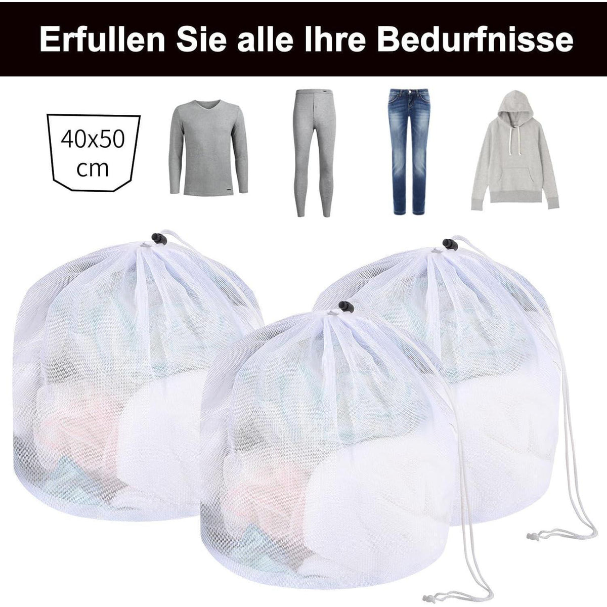 3 Wäschenetze 40x50cm – Wäschesäcke für Feinwäsche