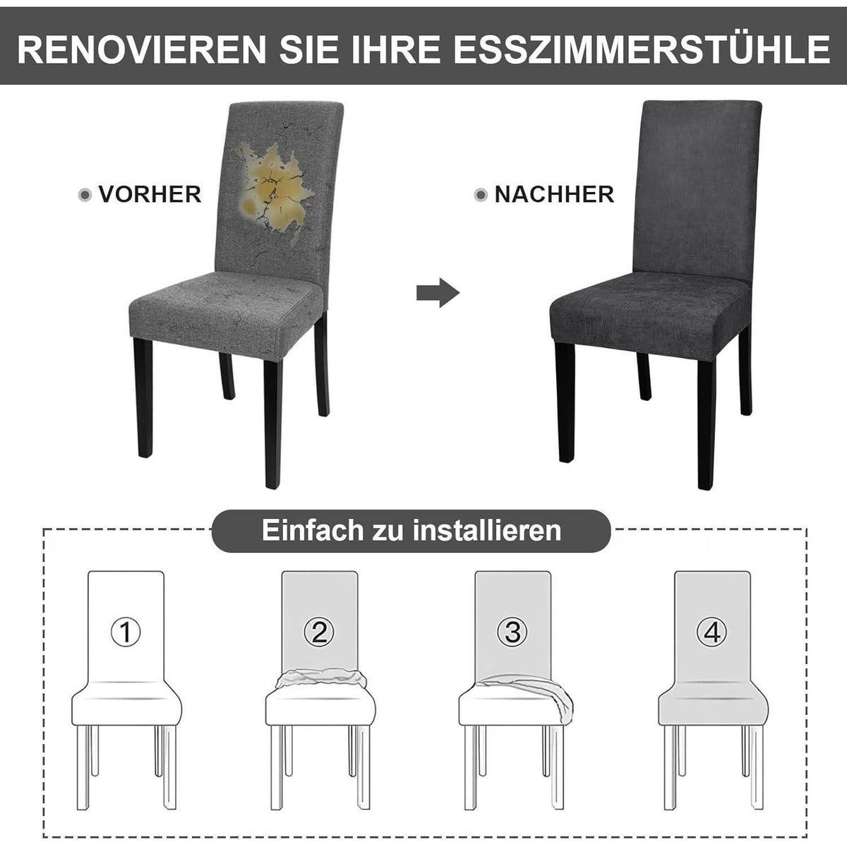 Stretch Stuhlhussen Sämischleder 6er Set Schwarz