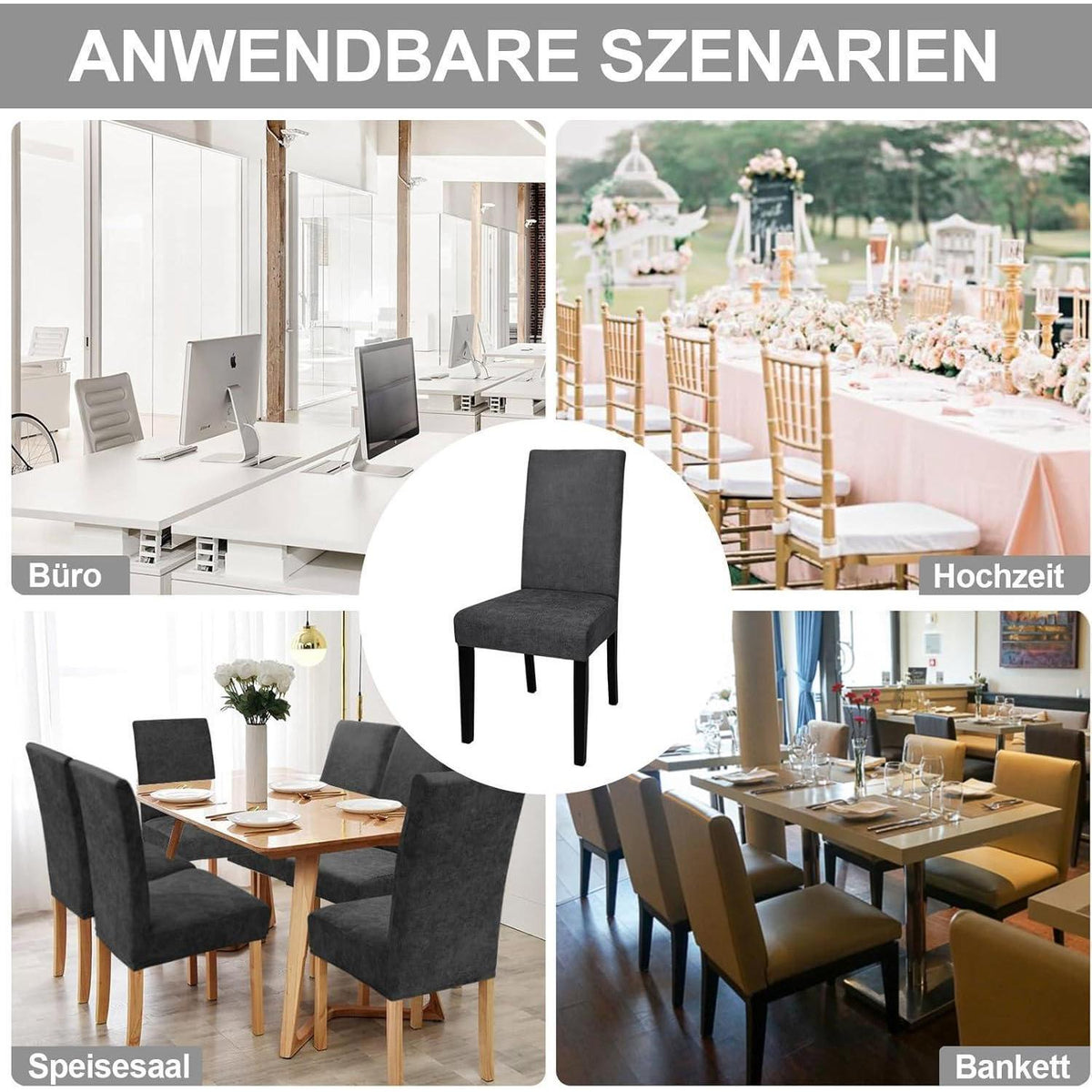 Stretch Stuhlhussen Sämischleder 6er Set Schwarz