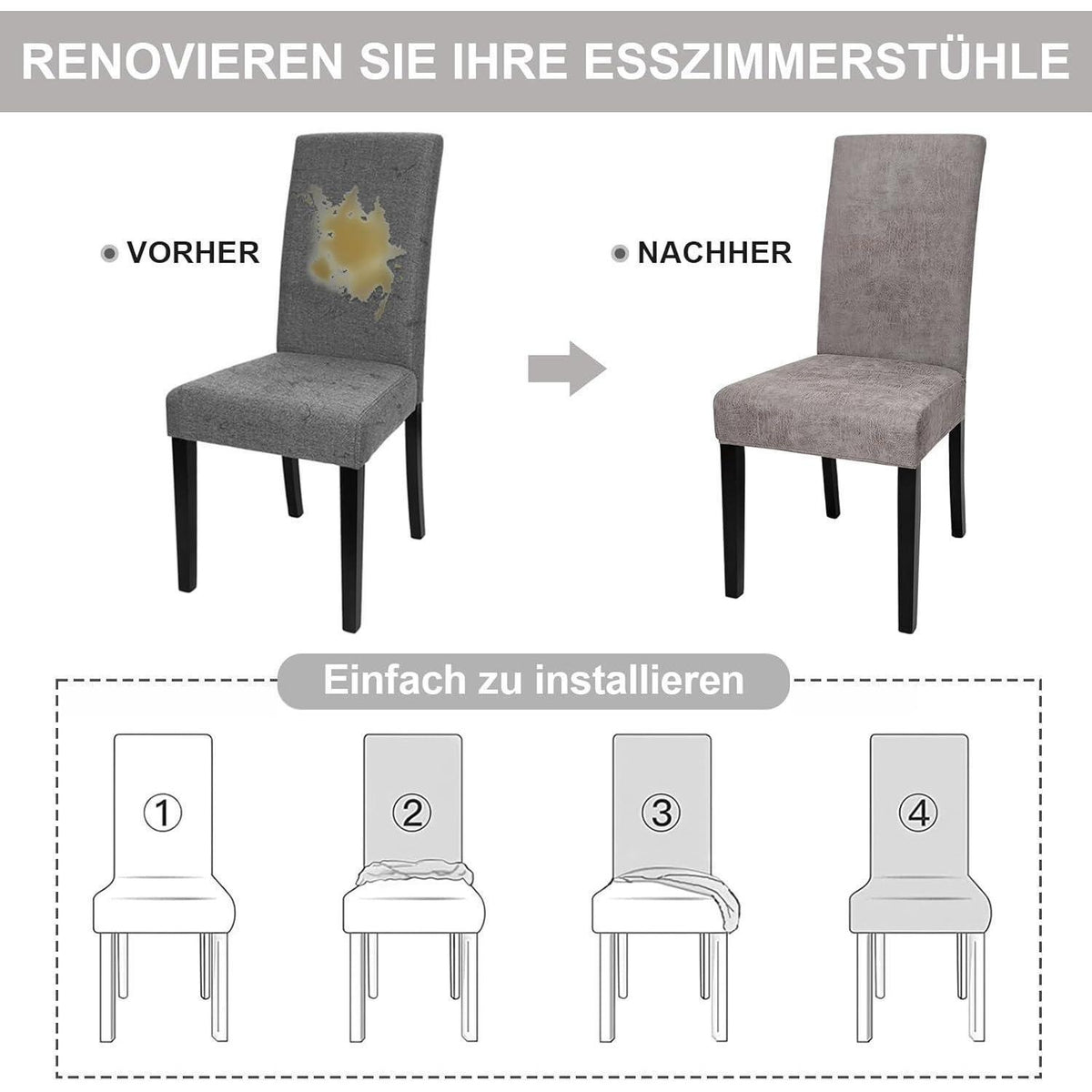 Stretch Stuhlhussen Set 4er Grau – Abnehmbar & Waschbar
