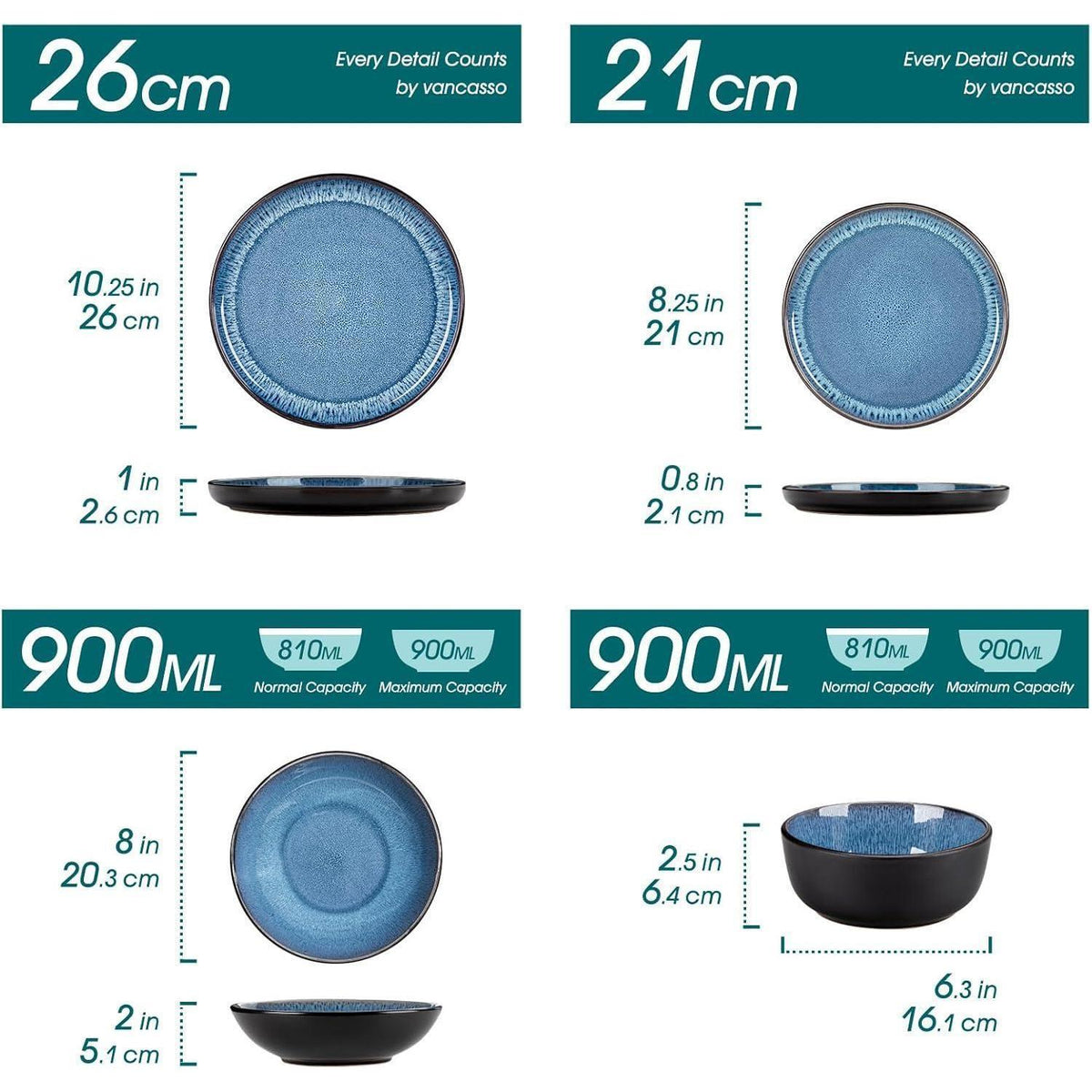 Steingut Geschirrset 24tlg für 6 Personen, Blau, Mediterranes Design