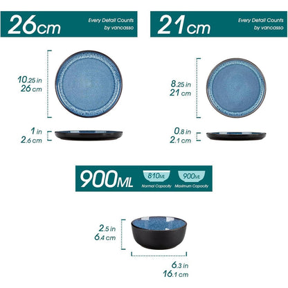 Steingut Geschirrset 18tlg für 6 Personen, Blau, Mediterranes Design