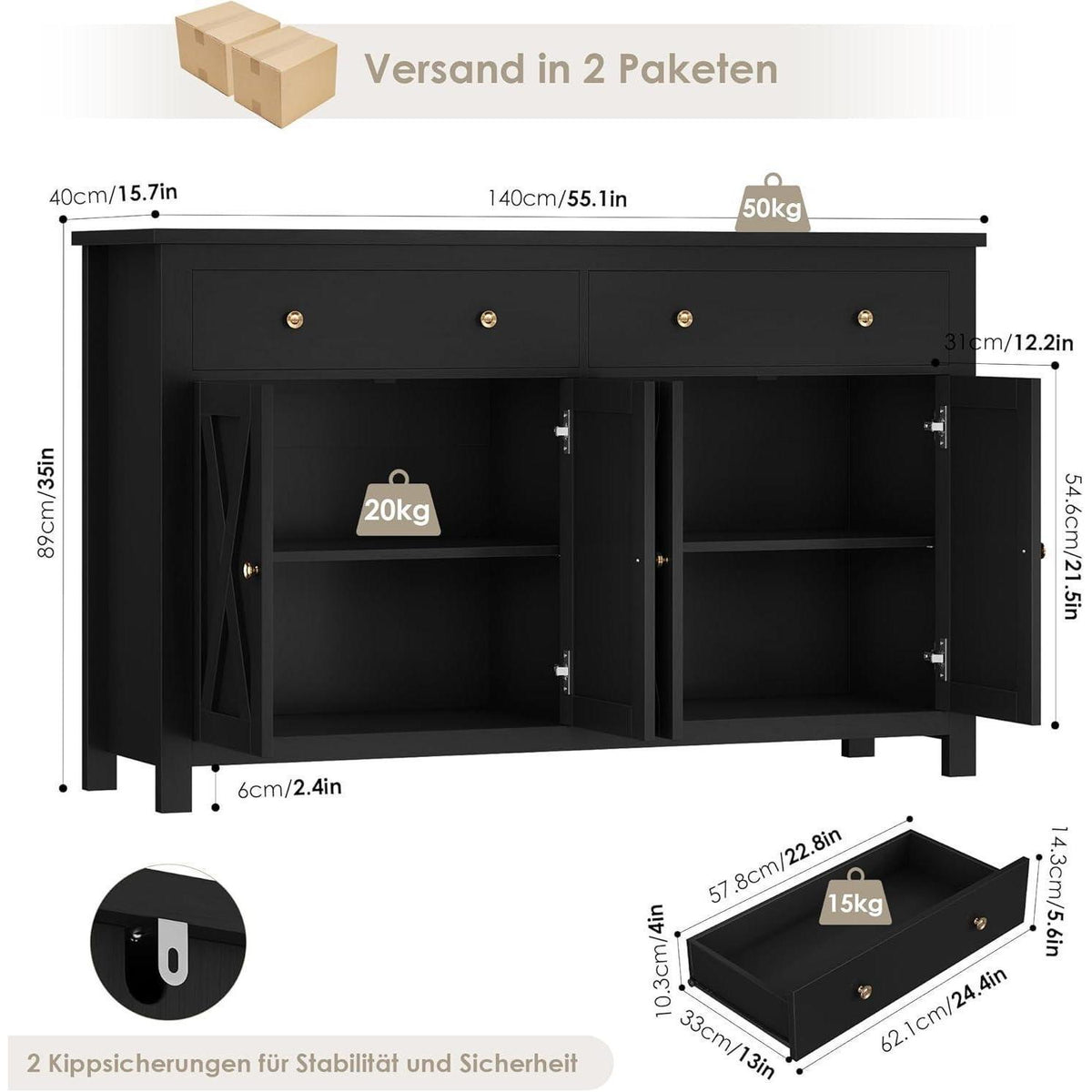 140cm Sideboard mit Arbeitsplatte – Küchenschrank & Buffetschrank