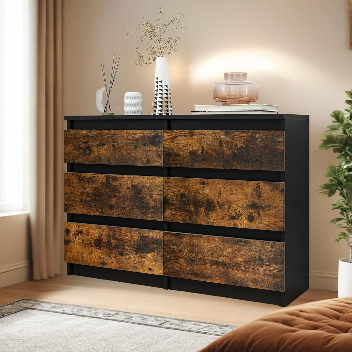 Kommode mit 6 Schubladen – Schlafzimmerschrank Schwarz Rustikal Braun