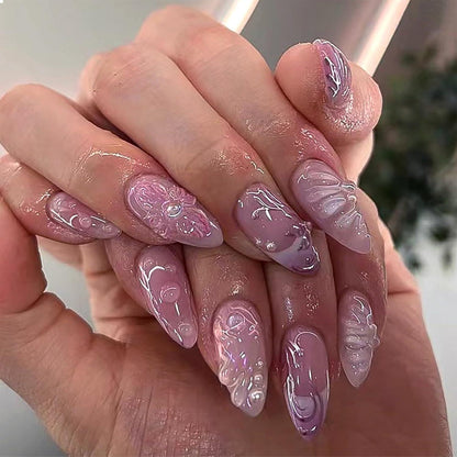 3D Handverarbeitete Falsche Nägel Mandelförmig Pink Blumen Perl - 24
