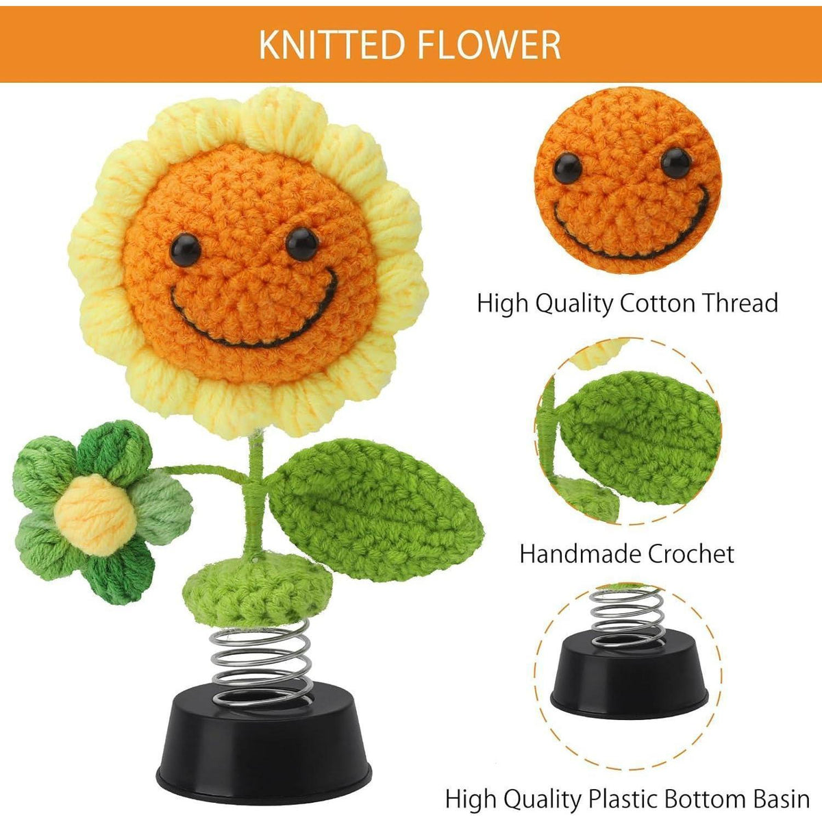 Gestrickte Sonnenblume Autodeko – Wackelfigur für Auto & Büro