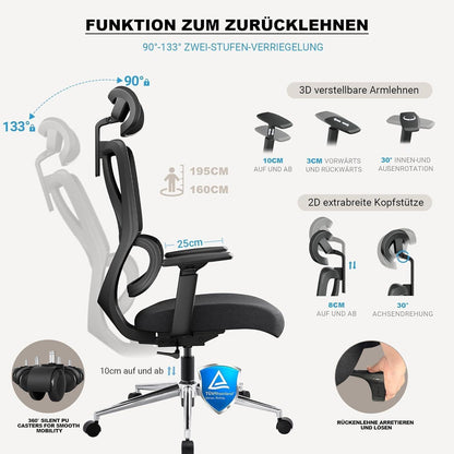Ergonomischer Bürostuhl mit Dynamischer Lordosenstütze, 150kg, EN 1335