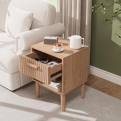 Nachtschrank 2er Set Boho Holz Natur mit Schublade