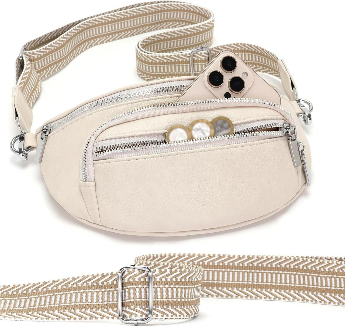 Kleine Bauchtasche Damen Beige Veganes Leder Handtasche Crossbody Bag