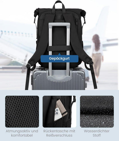 Rolltop Rucksack Damen Herren wasserdicht 17 Zoll Laptop Schwarz