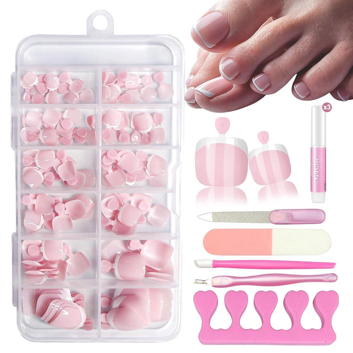 120er Set Französische Falsche Zehennägel – Natürlicher Look & DIY Pediküre