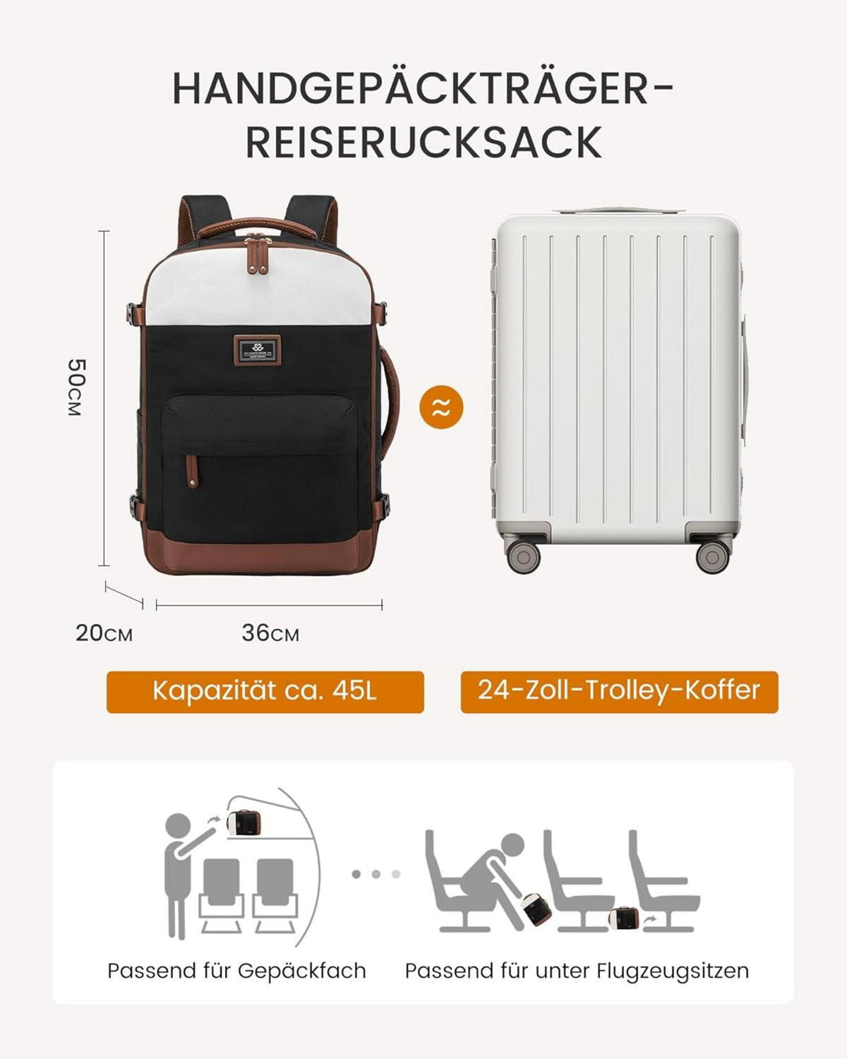 Großer Reise-Rucksack mit Laptopfach für Damen, Handgepäck geeignet