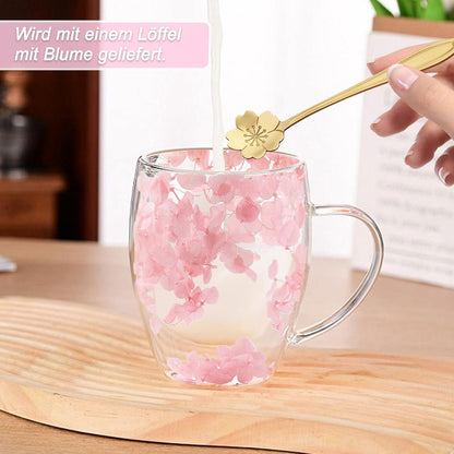 Doppelwandige Kaffeetasse mit getrockneten Blumen - Rosa Teetasse mit Griff
