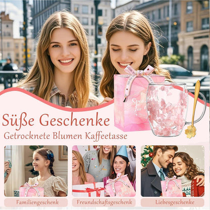 Doppelwandige Kaffeetasse mit getrockneten Blumen - Rosa Teetasse mit Griff