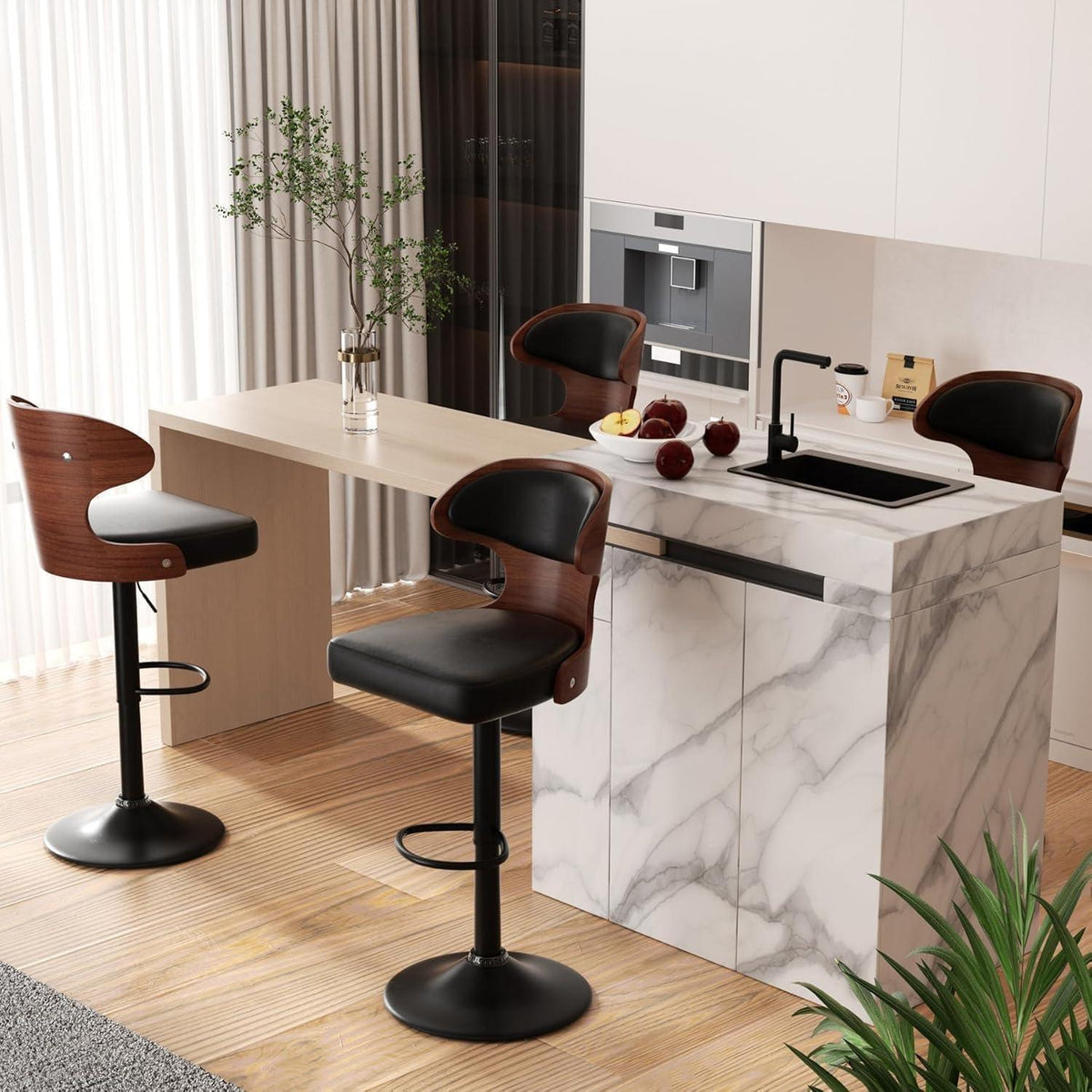 Hawthyhome Barhocker 4er Set Schwarz Nussbaumholz mit Rückenlehne