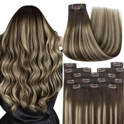 Clip-in Echthaar Extensions Ombre Braun Aschblond 55cm