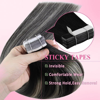 Echthaar Tape Extensions Ombre Schwarz Silber 45cm