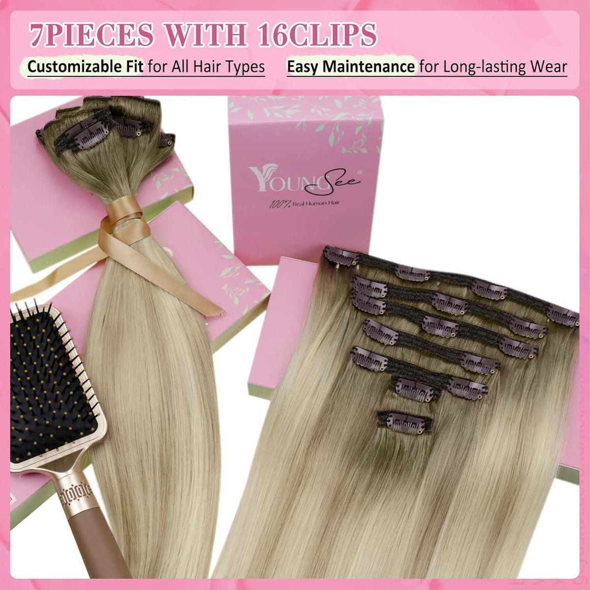 Echthaar Clip-in Extensions Ombre Aschblond Platinblond 30cm