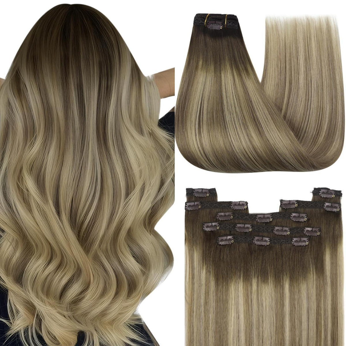 Echthaar Clip-in Extensions Braun Balayage 35cm - 120g