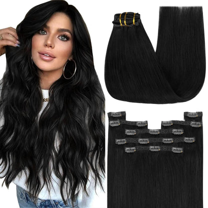 Echthaar Clip-Ins Schwarz 45cm - 120g, Glatt & Voluminös