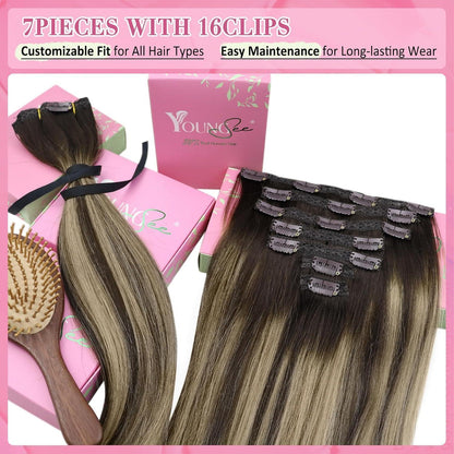 Echthaar Clip-In Extensions Ombre Dunkelbraun Aschblond 40cm