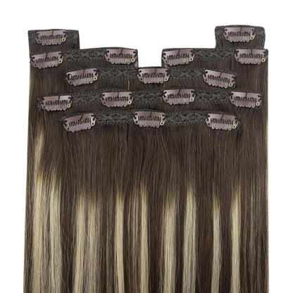 Echthaar Clip-In Extensions Ombre Dunkelbraun Aschblond 40cm