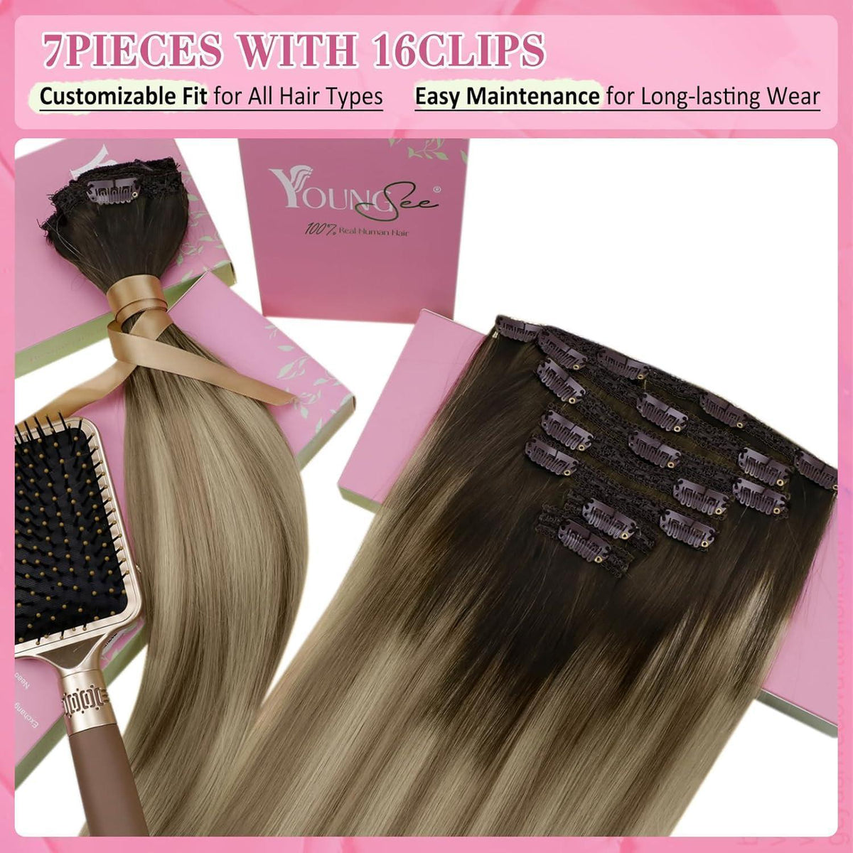 Echthaar Clip-in Extensions Braun Balayage 55 cm