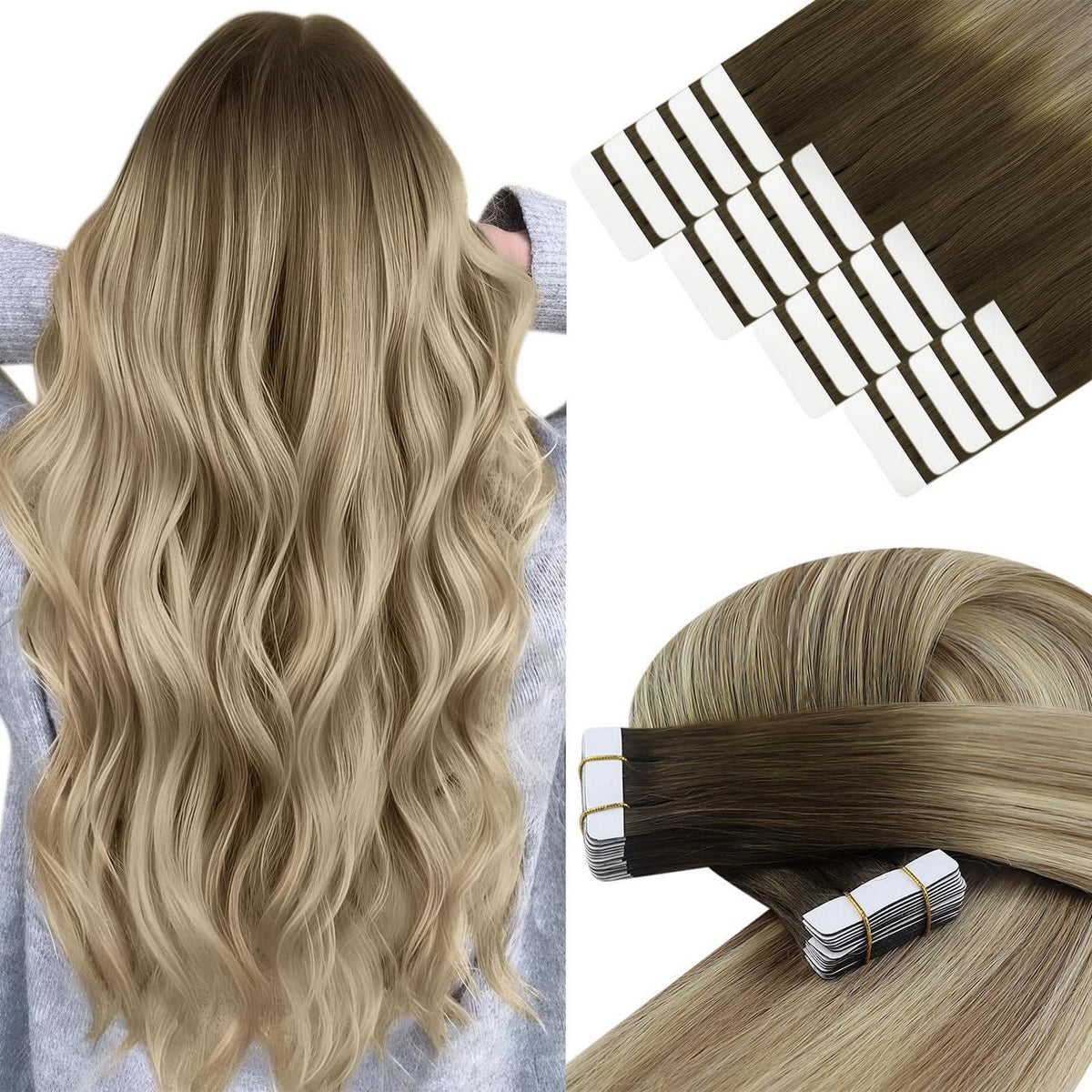 Echthaar Tape Extensions Balayage Braun Blond 45cm