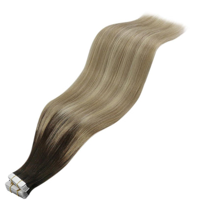 Echthaar Tape Extensions Balayage Dunkelbraun Ombre 40cm