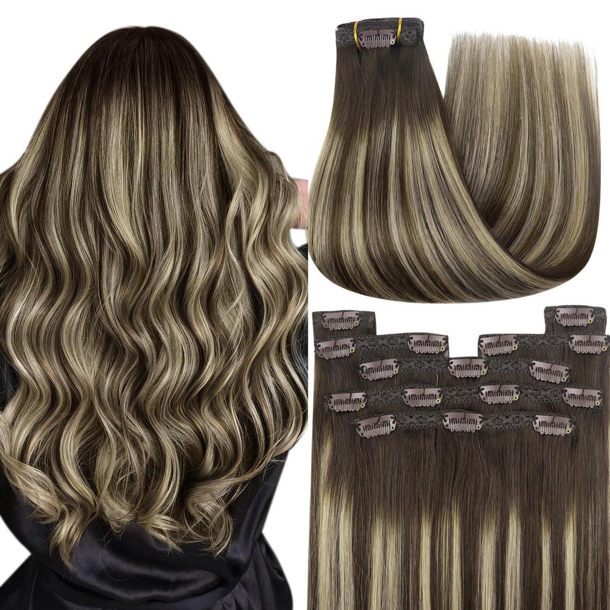 Clip-in Echthaar Extensions Ombre Dunkelbraun Blond 35cm