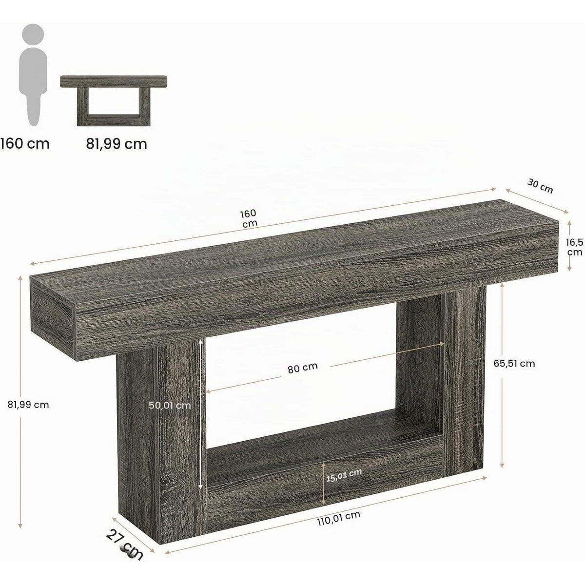 160cm Konsolentisch mit Stauraum & Bauernhaus-Design (Hellgrau)