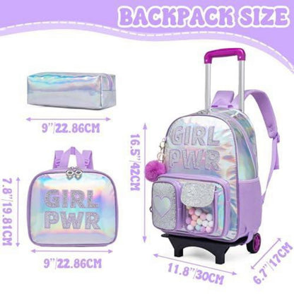 Trolley Rucksack Mädchen Lila – 3in1 Schultasche mit Rollen & Zubehör