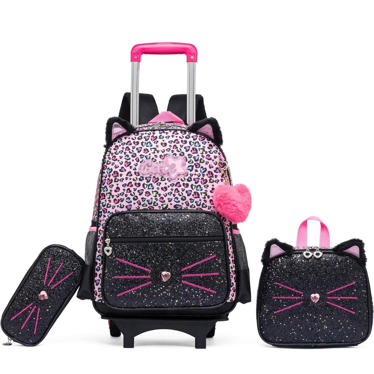 Trolley Schulranzen Mädchen – Rucksack mit Rollen Schwarz Rosa Katzen