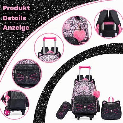 Trolley Schulranzen Mädchen – Rucksack mit Rollen Schwarz Rosa Katzen