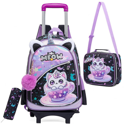 Trolley Schulranzen Mädchen Schwarz Lila Katzen – Set mit Lunchtasche