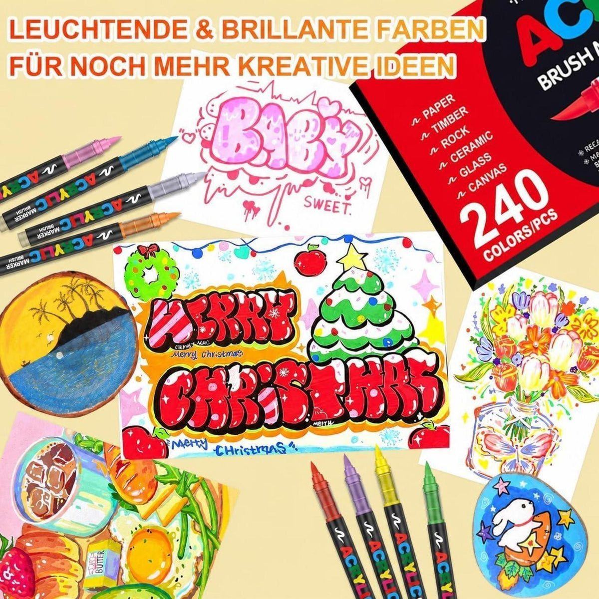 240 Acrylstifte Set – Wasserfest, Brush Tip, Vielseitig