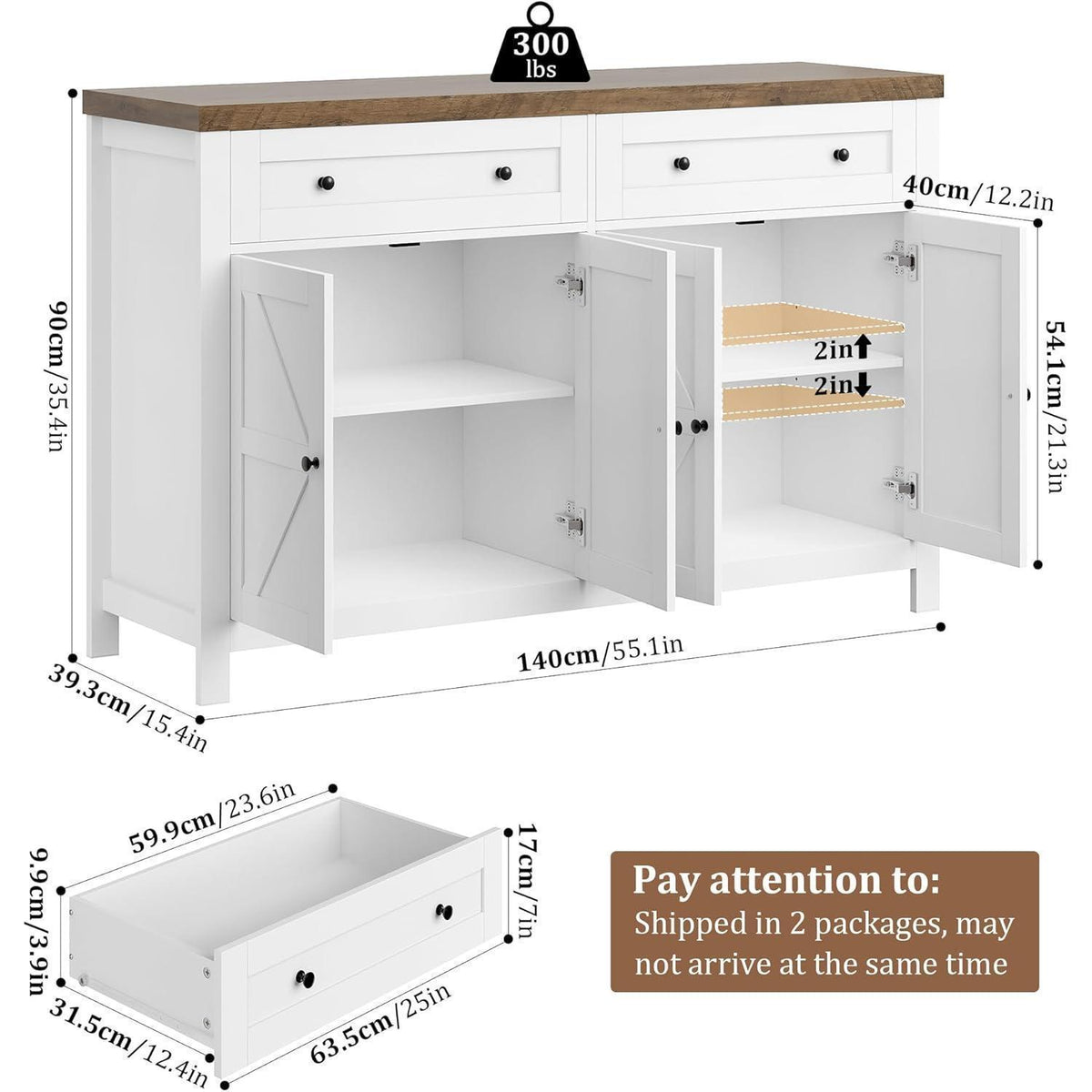 HOCSOK Sideboard 140cm – Küchenschrank mit Regalen & Schubladen