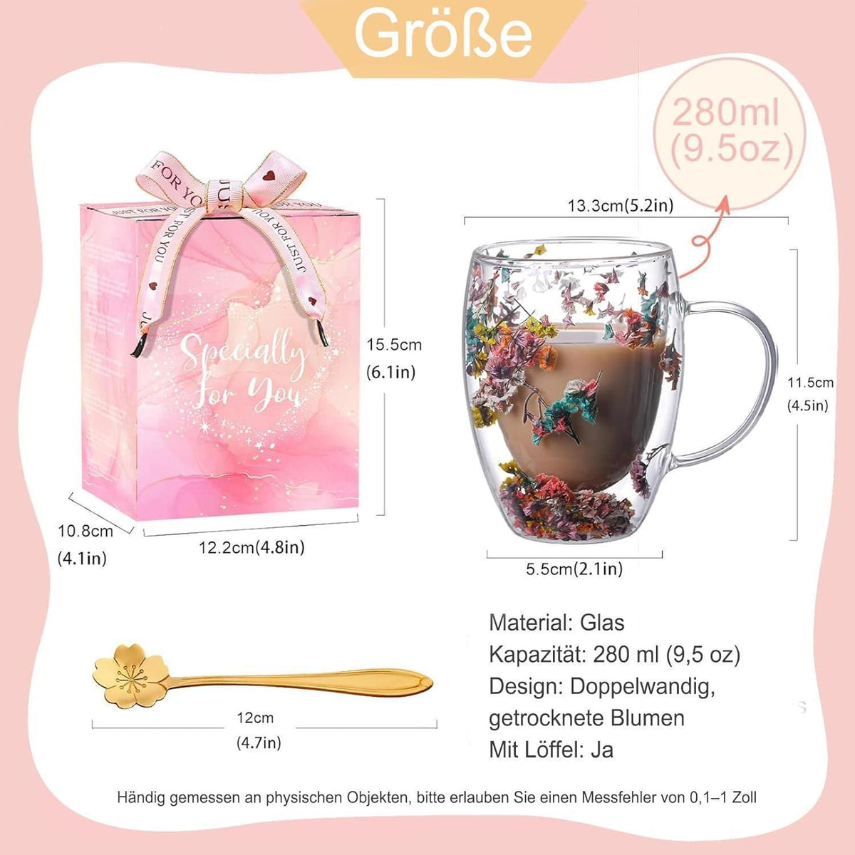 Doppelwandige Kaffeetasse mit getrockneten Blumen – Teetasse mit Griff