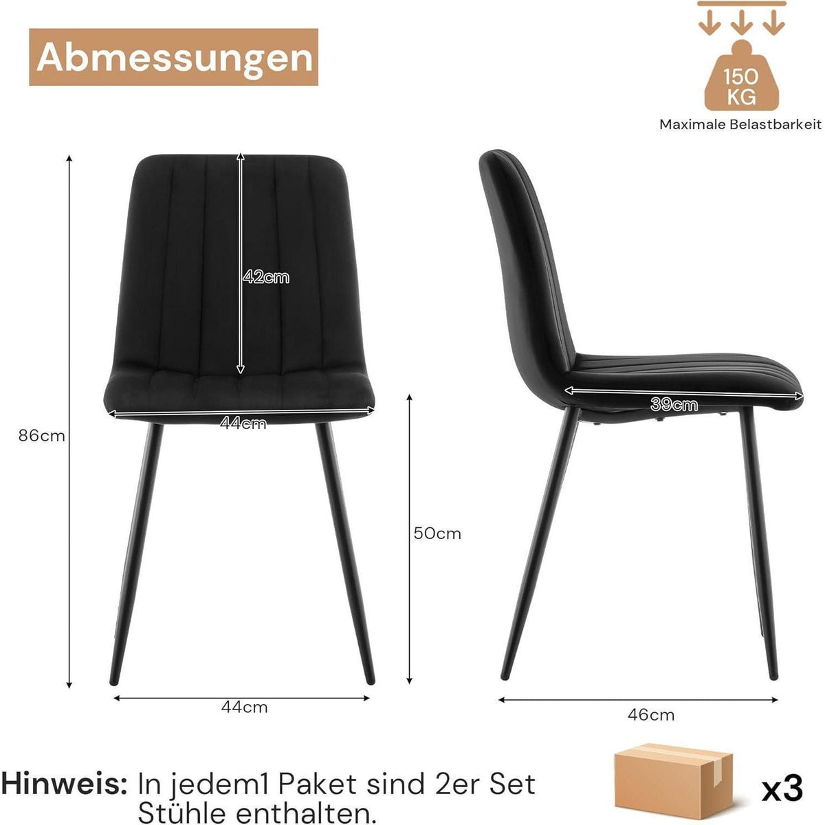 Samt Esszimmerstühle 6er Set – Gepolsterte Küchenstühle Schwarz