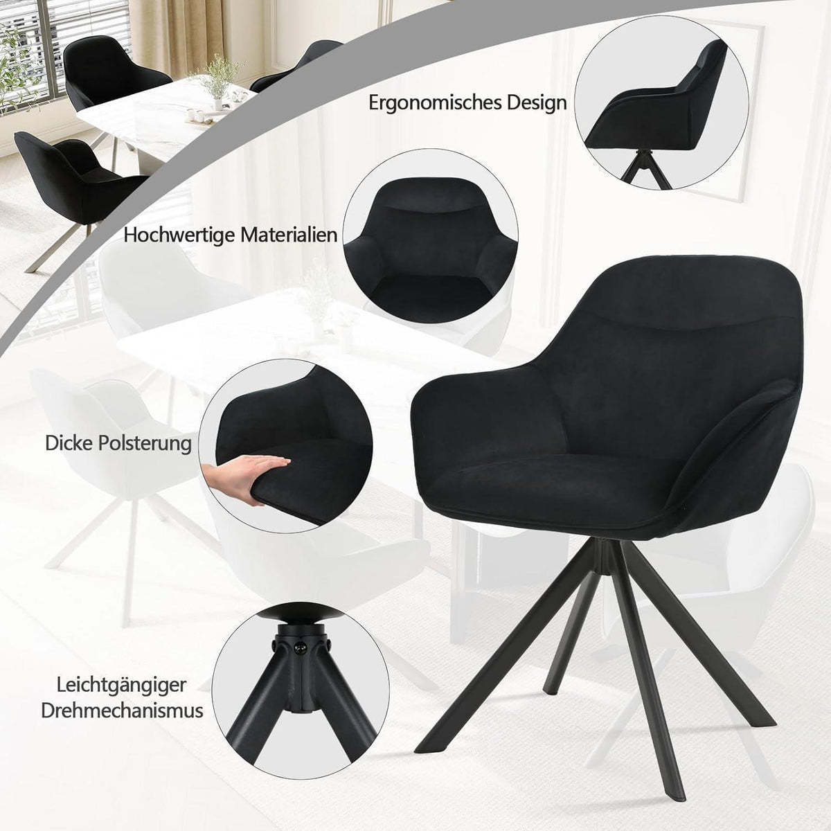 Drehbarer Esszimmerstuhl Set Schwarz – Samt, Armlehne & 360°