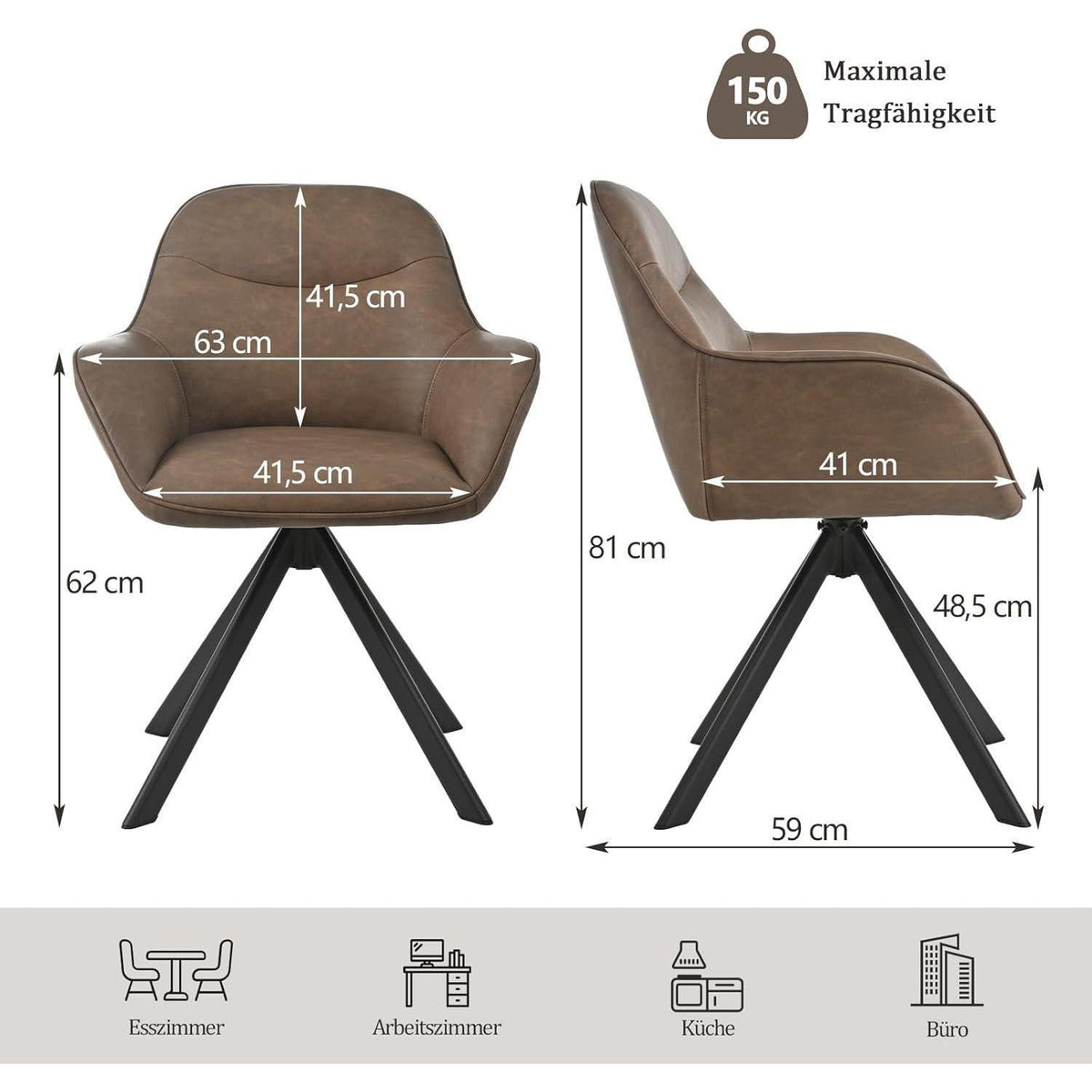 Drehbarer Esszimmerstuhl mit Armlehne – Dunkelbraun, 4er Set