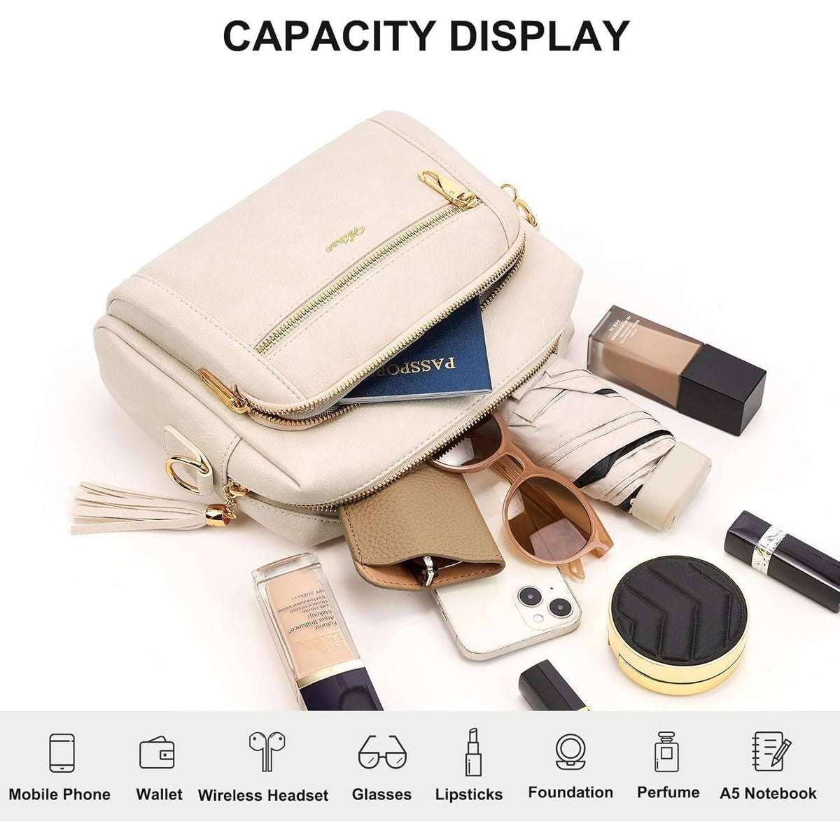 Umhängetasche Damen Mittelgroß mit Anti-Diebstahl, Beige