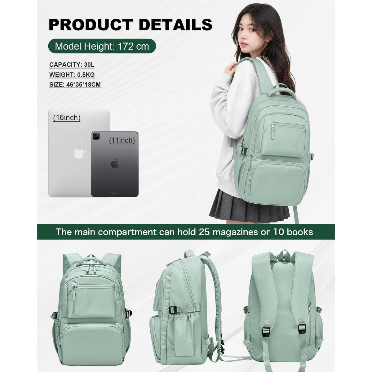 Schulrucksack für Teenager Mädchen mit Laptopfach (Grün)