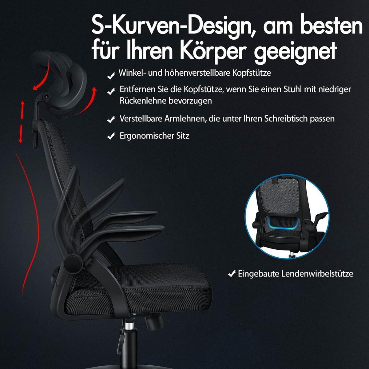 Ergonomischer Bürostuhl 180kg, Schwarz Arc