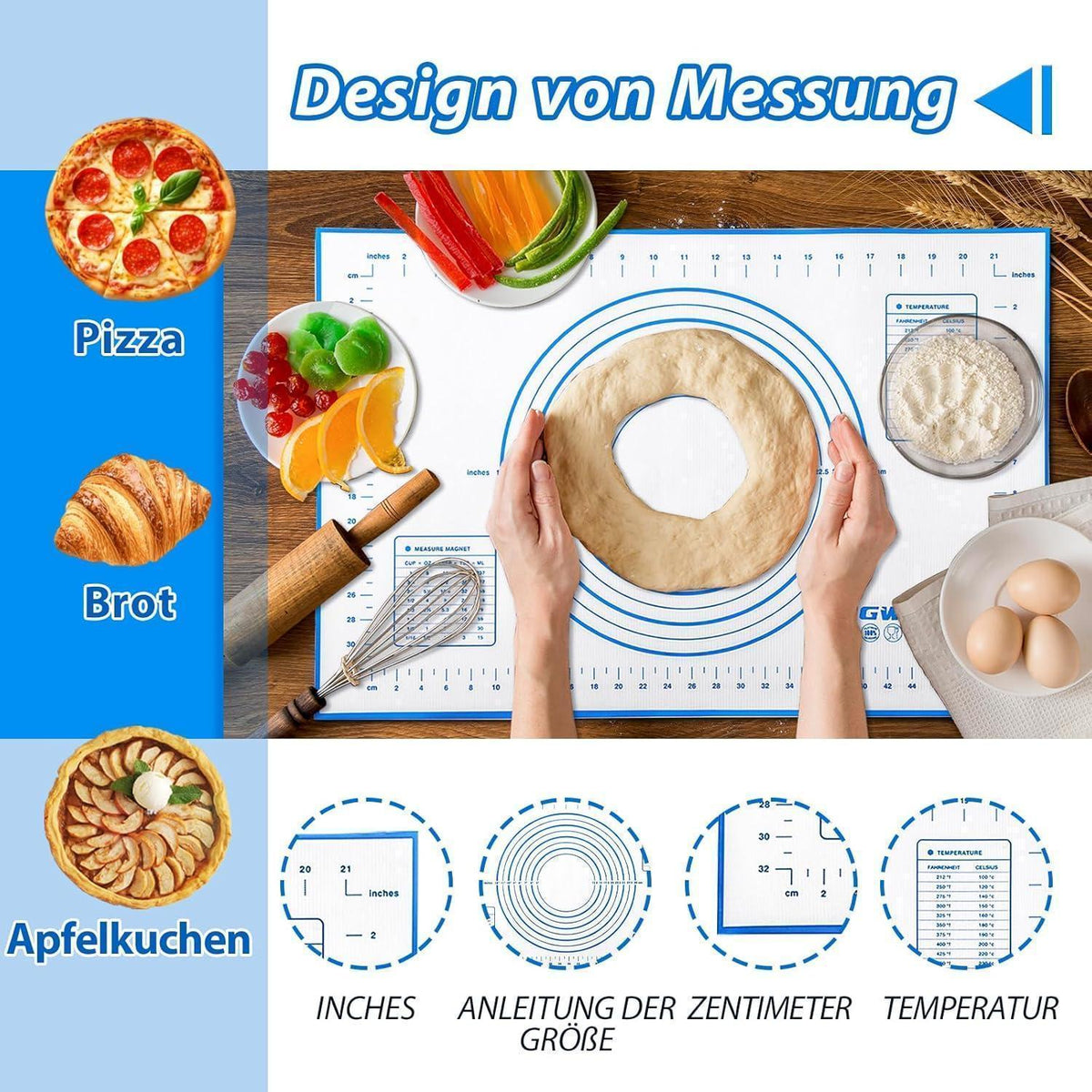 Silikon Backmatte 60x40 cm mit Messung, antihaft & rutschfest, blau